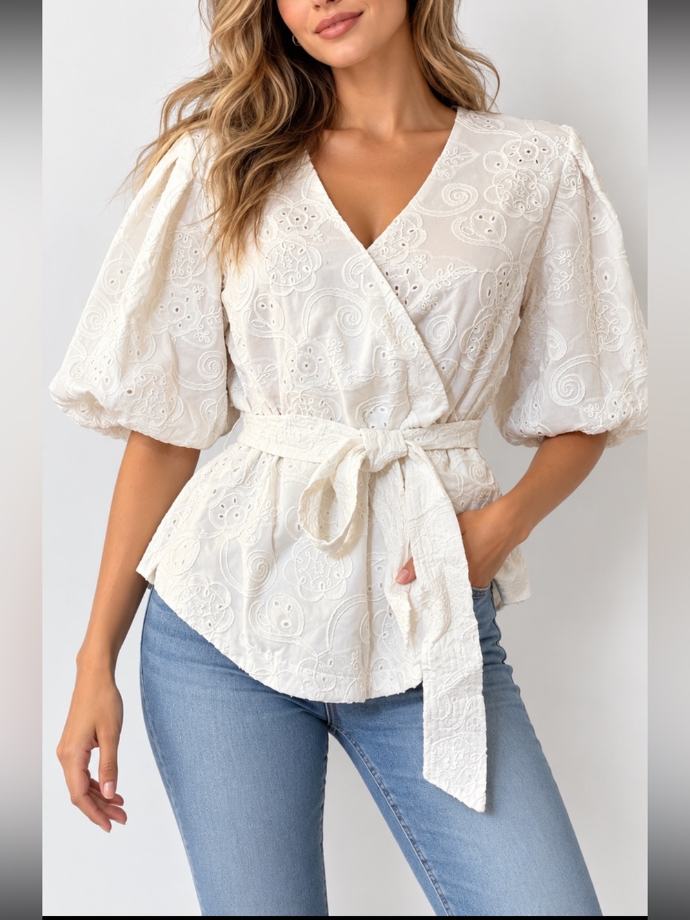 Elie Tahari Women’s M Embroidered Eyelet Wrap Top Belted Puff Sleeve NWT $325